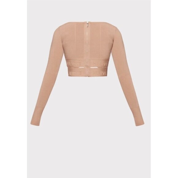 Herve Leger Long Sleeve Scoop Neck Crop Top Sun Beige NWT Small - Picture 3 of 12
